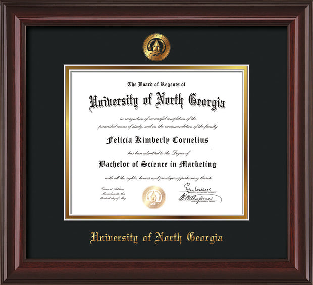 Image of University of North Georgia Diploma Frame - Mahogany Lacquer - w/Embossed UNG Seal & Name - Black on Gold mat