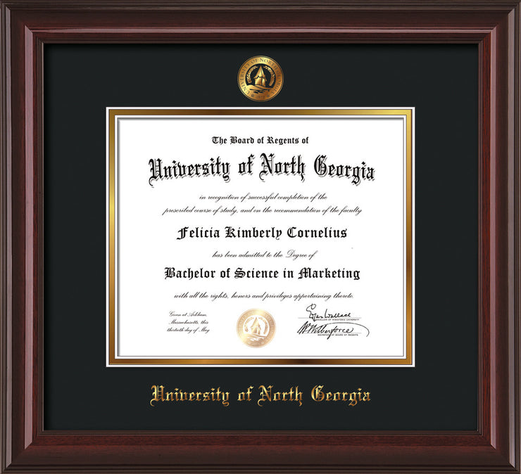 Image of University of North Georgia Diploma Frame - Mahogany Lacquer - w/Embossed UNG Seal & Name - Black on Gold mat