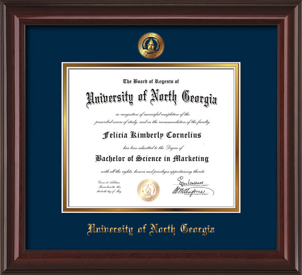 Image of University of North Georgia Diploma Frame - Mahogany Lacquer - w/Embossed UNG Seal & Name - Navy on Gold mat
