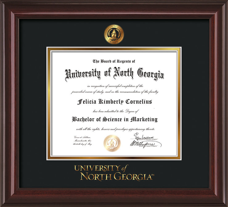 Image of University of North Georgia Diploma Frame - Mahogany Lacquer - w/Embossed UNG Seal & Wordmark - Black on Gold mat