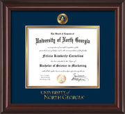 Image of University of North Georgia Diploma Frame - Mahogany Lacquer - w/Embossed UNG Seal & Wordmark - Navy on Gold mat