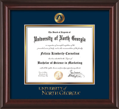 Image of University of North Georgia Diploma Frame - Mahogany Lacquer - w/Embossed UNG Seal & Wordmark - Navy on Gold mat