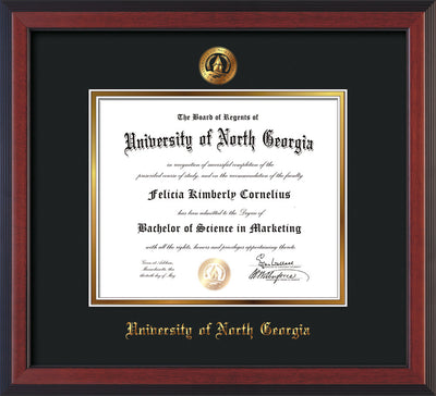 Image of University of North Georgia Diploma Frame - Cherry Reverse - w/Embossed UNG Seal & Name - Black on Gold mat