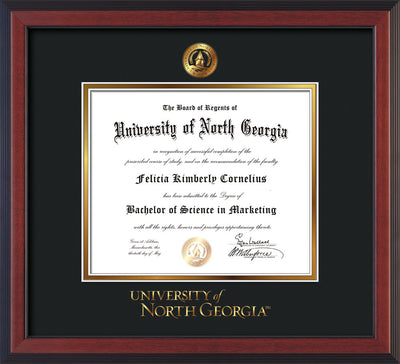 Image of University of North Georgia Diploma Frame - Cherry Reverse - w/Embossed UNG Seal & Wordmark - Black on Gold mat