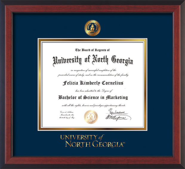 Image of University of North Georgia Diploma Frame - Cherry Reverse - w/Embossed UNG Seal & Wordmark - Navy on Gold mat