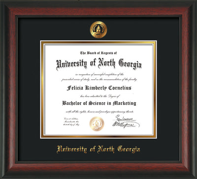 Image of University of North Georgia Diploma Frame - Rosewood - w/Embossed UNG Seal & Name - Black on Gold mat