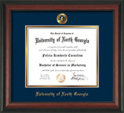Image of University of North Georgia Diploma Frame - Rosewood - w/Embossed UNG Seal & Name - Navy on Gold mat