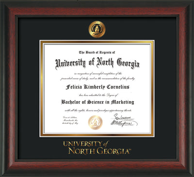 Image of University of North Georgia Diploma Frame - Rosewood - w/Embossed UNG Seal & Wordmark - Black on Gold mat