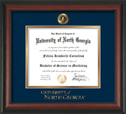 Image of University of North Georgia Diploma Frame - Rosewood - w/Embossed UNG Seal & Wordmark - Navy on Gold mat