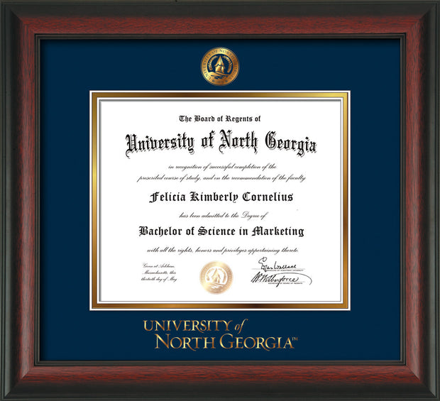 Image of University of North Georgia Diploma Frame - Rosewood - w/Embossed UNG Seal & Wordmark - Navy on Gold mat