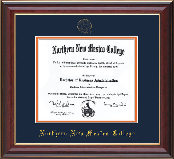 Image of Northern New Mexico College Diploma Frame - Cherry Lacquer - w/Embossed NNMC Seal & Name - Navy on Orange mat