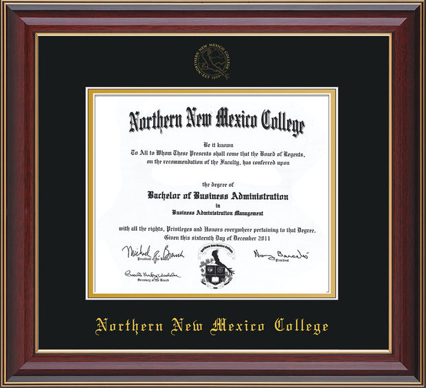 Image of Northern New Mexico College Diploma Frame - Cherry Lacquer - w/Embossed NNMC Seal & Name - Black on Gold mat