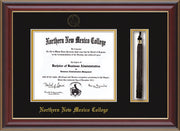 Image of Northern New Mexico College Diploma Frame - Cherry Lacquer - w/Embossed NNMC Seal & Name - Tassel Holder - Black on Gold mat