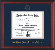Image of Northern New Mexico College Diploma Frame - Cherry Reverse - w/Embossed NNMC Seal & Name - Navy on Orange mat