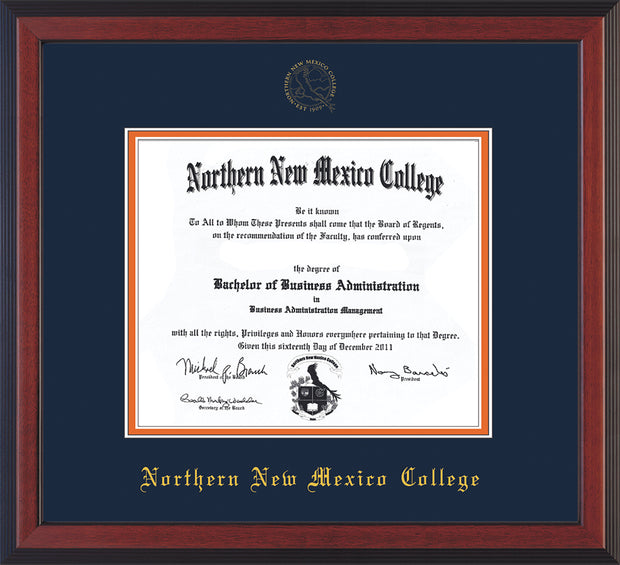Image of Northern New Mexico College Diploma Frame - Cherry Reverse - w/Embossed NNMC Seal & Name - Navy on Orange mat