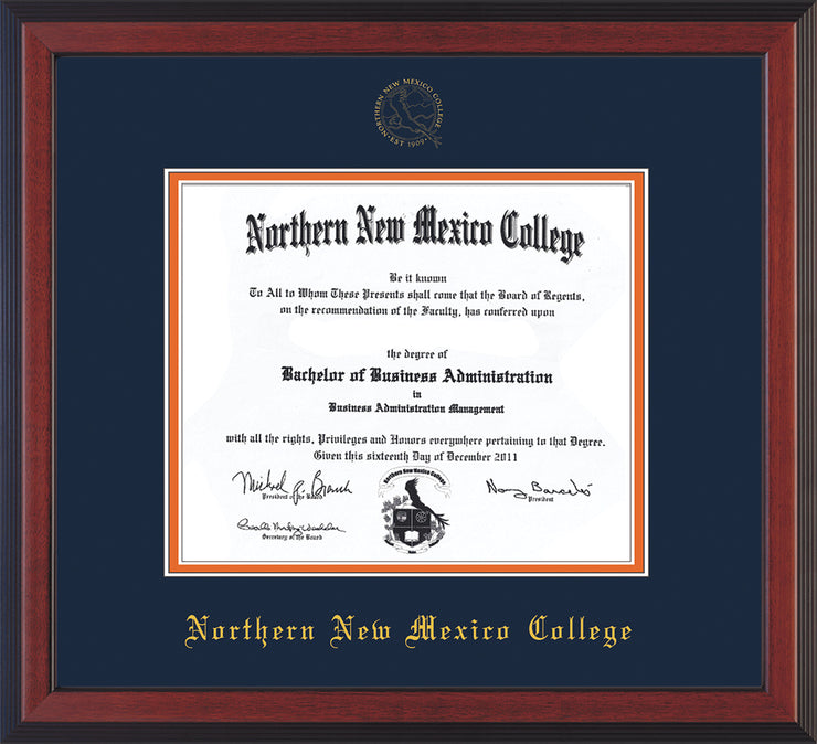 Image of Northern New Mexico College Diploma Frame - Cherry Reverse - w/Embossed NNMC Seal & Name - Navy on Orange mat