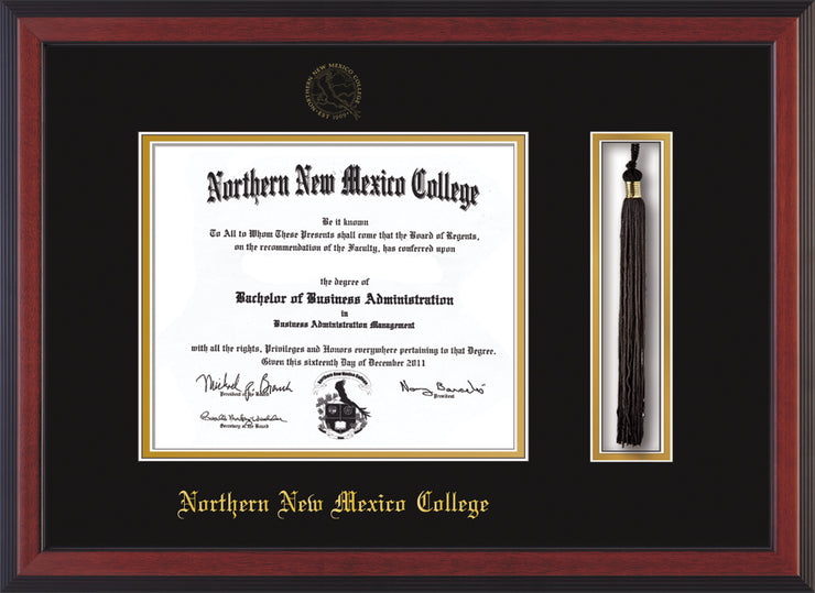 Image of Northern New Mexico College Diploma Frame - Cherry Reverse - w/Embossed NNMC Seal & Name - Tassel Holder - Black on Gold mat