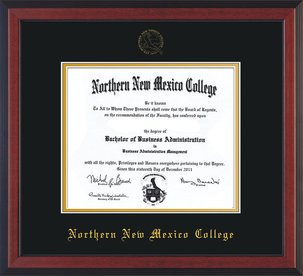 Image of Northern New Mexico College Diploma Frame - Cherry Reverse - w/Embossed NNMC Seal & Name - Black on Gold mat