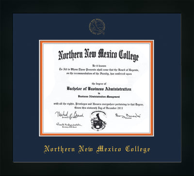 Image of Northern New Mexico College Diploma Frame - Flat Matte Black - w/Embossed NNMC Seal & Name - Navy on Orange mat