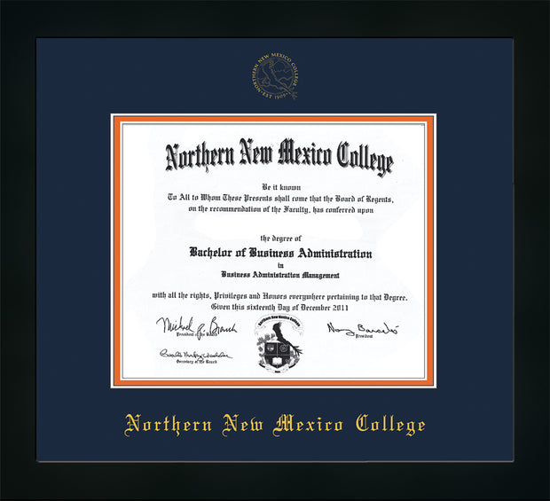 Image of Northern New Mexico College Diploma Frame - Flat Matte Black - w/Embossed NNMC Seal & Name - Navy on Orange mat