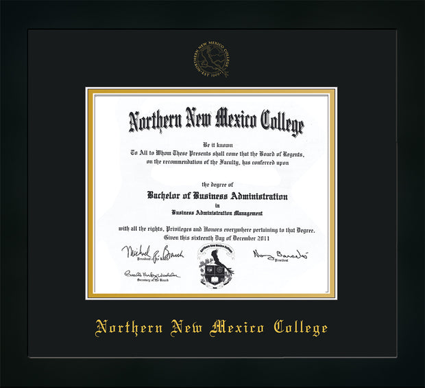 Image of Northern New Mexico College Diploma Frame - Flat Matte Black - w/Embossed NNMC Seal & Name - Black on Gold mat