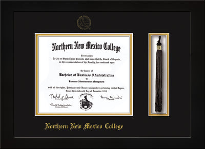 Image of Northern New Mexico College Diploma Frame - Flat Matte Black - w/Embossed NNMC Seal & Name - Tassel Holder - Black on Gold mat