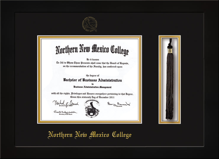 Image of Northern New Mexico College Diploma Frame - Flat Matte Black - w/Embossed NNMC Seal & Name - Tassel Holder - Black on Gold mat