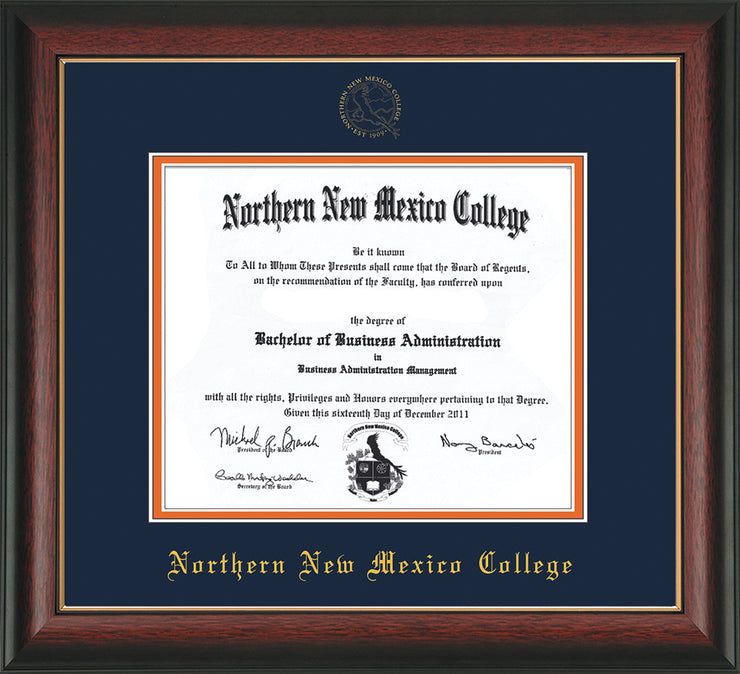 Image of Northern New Mexico College Diploma Frame - Rosewood w/Gold Lip - w/Embossed NNMC Seal & Name - Navy on Orange mat