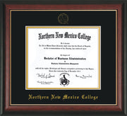 Image of Northern New Mexico College Diploma Frame - Rosewood w/Gold Lip - w/Embossed NNMC Seal & Name - Black on Gold mat