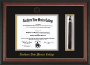 Image of Northern New Mexico College Diploma Frame - Rosewood with Gold Lip - w/Embossed NNMC Seal & Name - Tassel Holder - Black on Gold mat