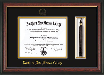 Image of Northern New Mexico College Diploma Frame - Rosewood with Gold Lip - w/Embossed NNMC Seal & Name - Tassel Holder - Black on Gold mat
