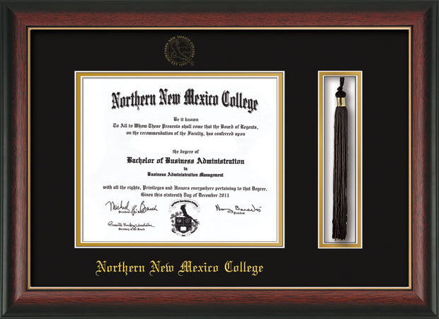 Image of Northern New Mexico College Diploma Frame - Rosewood with Gold Lip - w/Embossed NNMC Seal & Name - Tassel Holder - Black on Gold mat