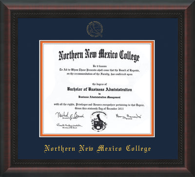 Image of Northern New Mexico College Diploma Frame - Mahogany Braid - w/Embossed NNMC Seal & Name - Navy on Orange mat