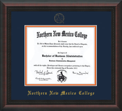 Image of Northern New Mexico College Diploma Frame - Mahogany Braid - w/Embossed NNMC Seal & Name - Navy on Orange mat