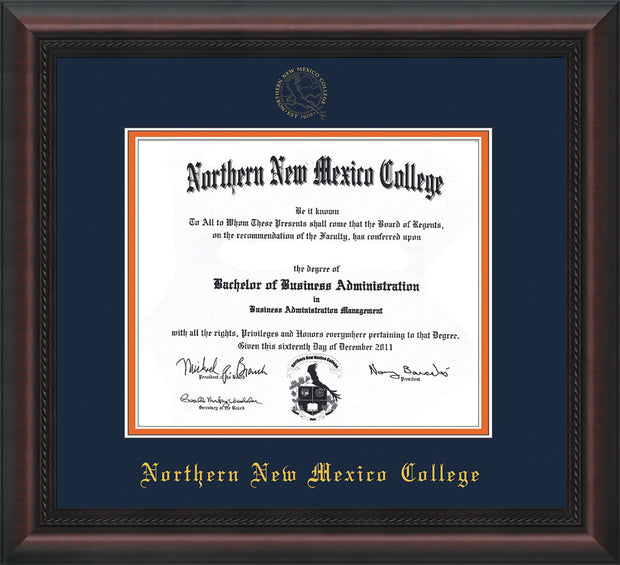 Image of Northern New Mexico College Diploma Frame - Mahogany Braid - w/Embossed NNMC Seal & Name - Navy on Orange mat