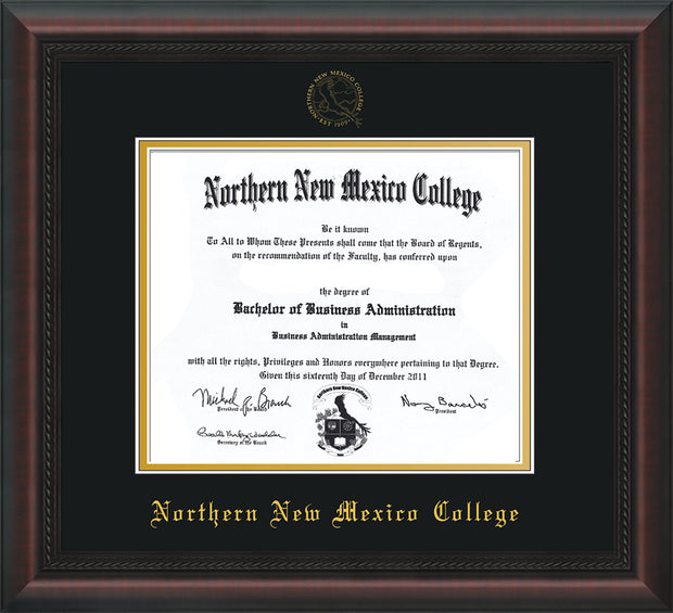 Image of Northern New Mexico College Diploma Frame - Mahogany Braid - w/Embossed NNMC Seal & Name - Black on Gold mat