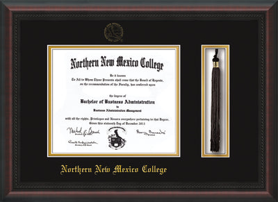 Northern New Mexico College Diploma Frame - Mahogany Braid - w/Embossed NNMC Seal & Name - Tassel Holder - Black on Gold mat