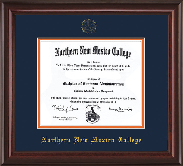 Image of Northern New Mexico College Diploma Frame - Mahogany Lacquer - w/Embossed NNMC Seal & Name - Navy on Orange mat