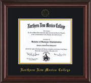 Image of Northern New Mexico College Diploma Frame - Mahogany Lacquer - w/Embossed NNMC Seal & Name - Black on Gold mat