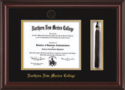 Image of Northern New Mexico College Diploma Frame - Mahogany Lacquer - w/Embossed NNMC Seal & Name - Tassel Holder - Black on Gold mat