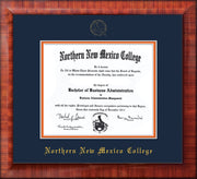 Image of Northern New Mexico College Diploma Frame - Mezzo Gloss - w/Embossed NNMC Seal & Name - Navy on Orange mat