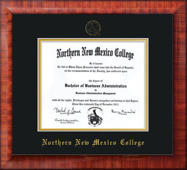 Image of Northern New Mexico College Diploma Frame - Mezzo Gloss - w/Embossed NNMC Seal & Name - Black on Gold mat