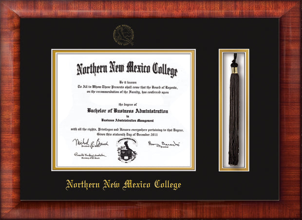 Image of Northern New Mexico College Diploma Frame - Mezzo Gloss - w/Embossed NNMC Seal & Name - Tassel Holder - Black on Gold mat