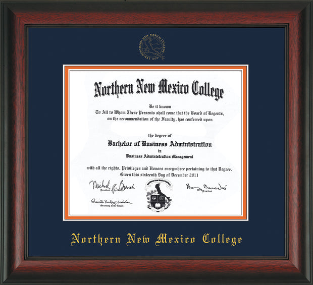 Image of Northern New Mexico College Diploma Frame - Rosewood - w/Embossed NNMC Seal & Name - Navy on Orange mat