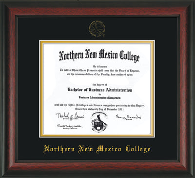 Image of Northern New Mexico College Diploma Frame - Rosewood - w/Embossed NNMC Seal & Name - Black on Gold mat