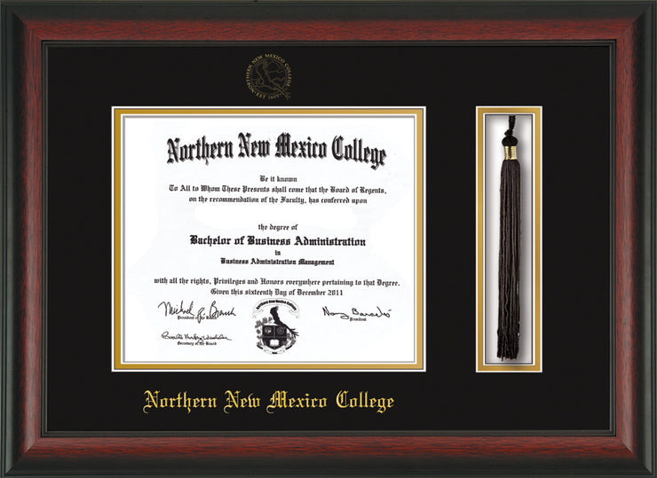 Image of Northern New Mexico College Diploma Frame Rosewood - w/Embossed NNMC Seal & Name - Tassel Holder - Black on Gold mat