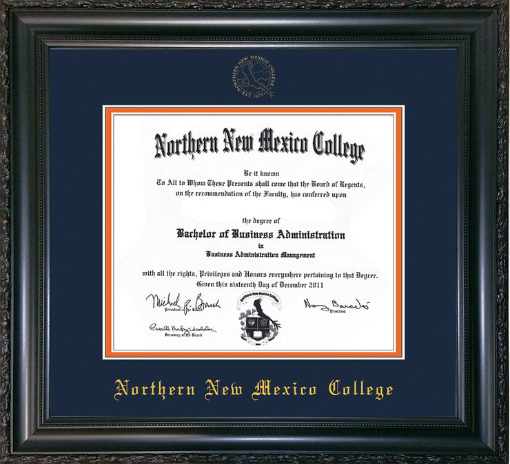 Image of Northern New Mexico College Diploma Frame - Vintage Black Scoop - w/Embossed NNMC Seal & Name - Navy on Orange mat