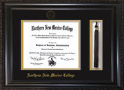 Image of Northern New Mexico College Diploma Frame - Vintage Black Scoop - w/Embossed NNMC Seal & Name - Tassel Holder - Black on Gold mat