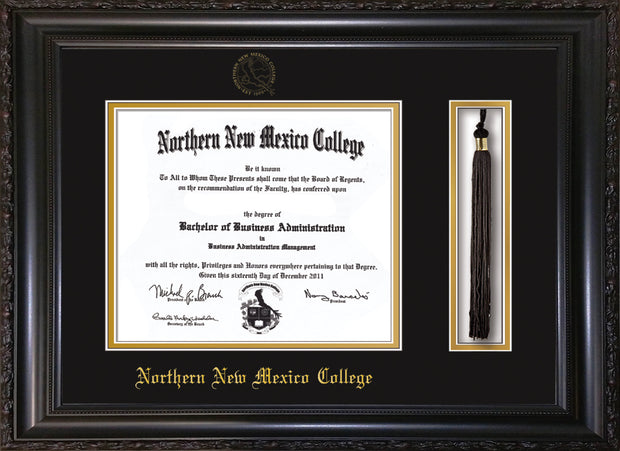 Image of Northern New Mexico College Diploma Frame - Vintage Black Scoop - w/Embossed NNMC Seal & Name - Tassel Holder - Black on Gold mat