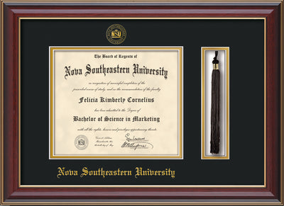 Image of Nova Southeastern University Diploma Frame - Cherry Lacquer - w/Embossed NSU Seal & Name - Tassel Holder - Black on Gold mat